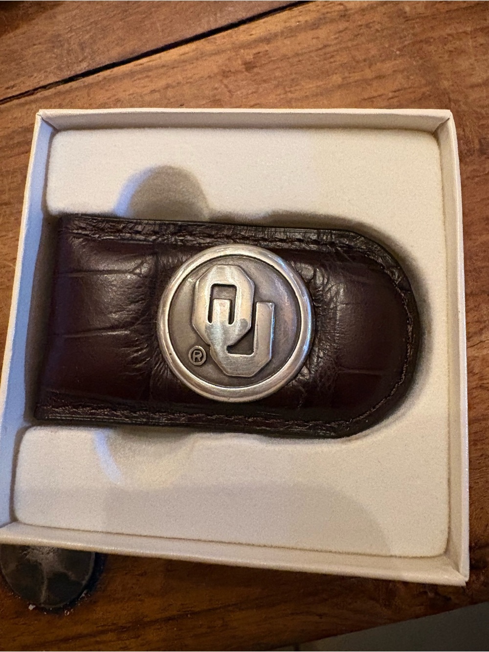 OU Sooners Magnetic Leather Money Clip Brown Croc Embossed NCAA Gift